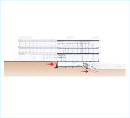 Technical building section showing MEP routing and structural voids