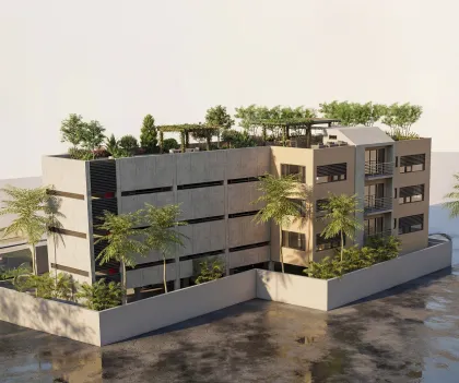 Commercial building render with rooftop garden integration